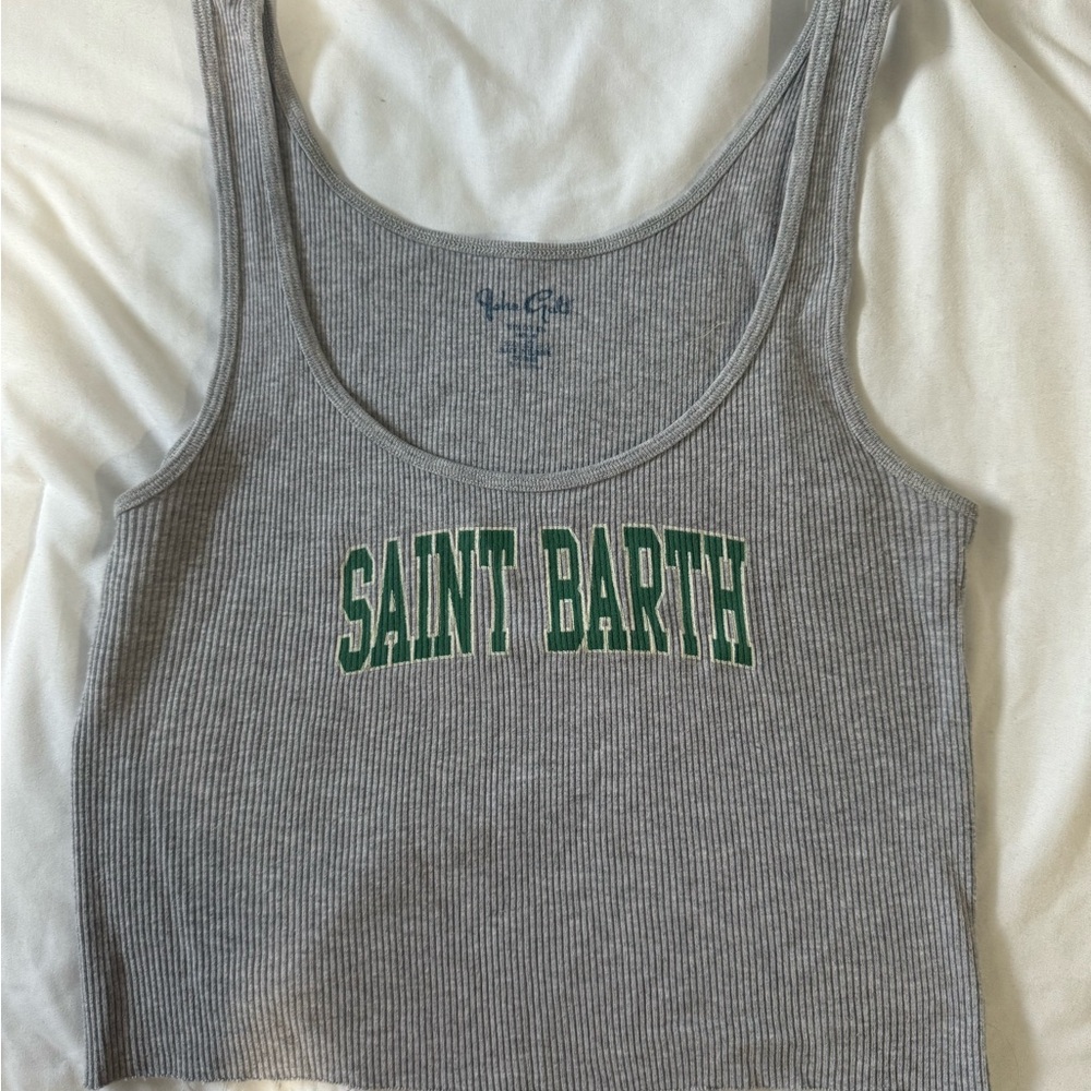 Brandy Melville Gray Ribbed Tank Top with Green 'Saint Barth' Print